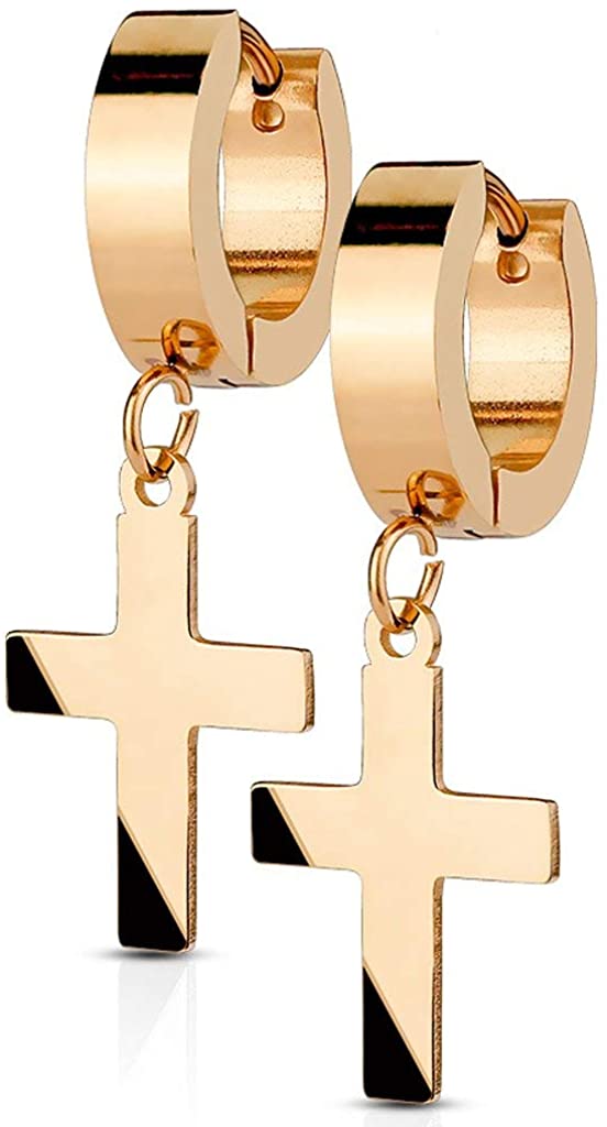 316L Surgical Steel Hinged Dangle Cross Hoop Earrings