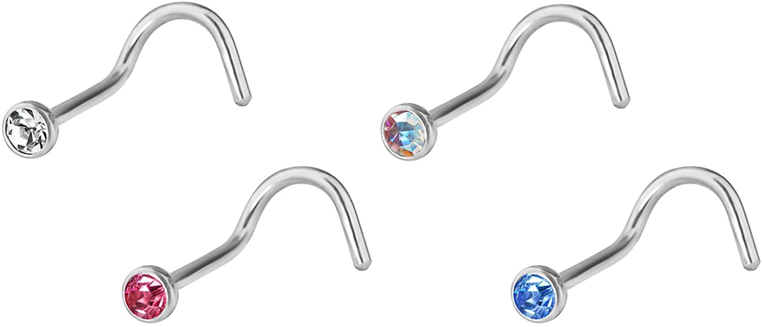 Forbidden Body Jewelry Set of 4 Nose Screws: 18g Surgical Steel CZ Crystal Nose Screws (Clear, Pink, AB & Aqua)