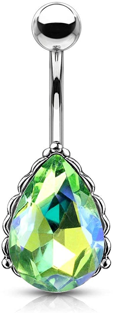 Forbidden Body Jewelry Surgical Steel Belly Ring with Iridescent AB Effect Tear Drop Crystal