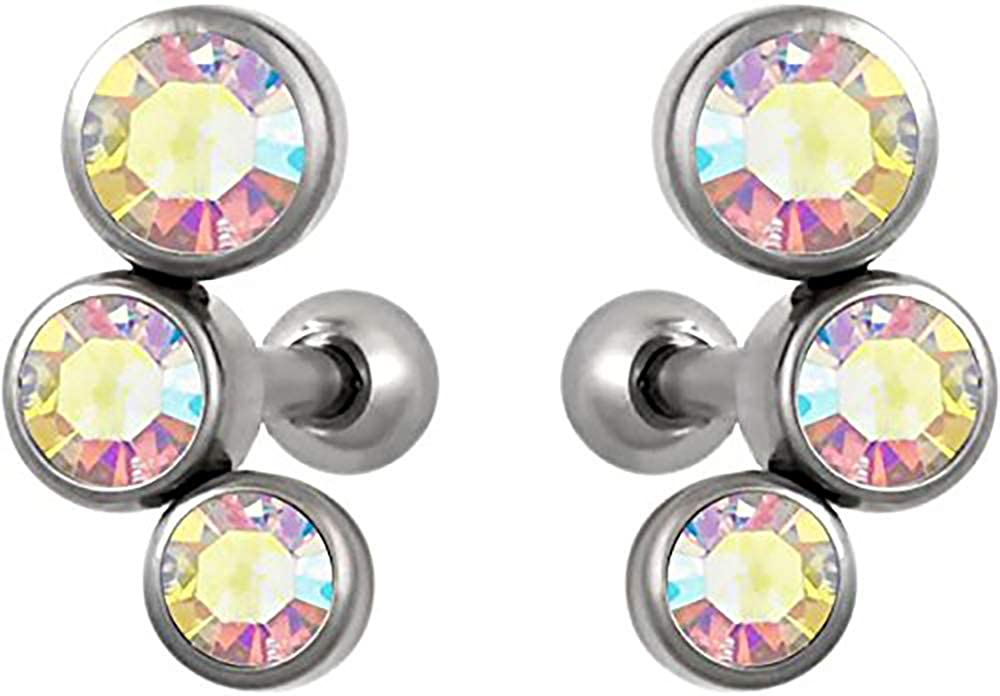 Forbidden Body Jewelry Set of Cartilage Stud Earrings: 16g 6mm Surgical Steel Triple Aurora Borealis CZ Crystal Earrings