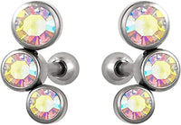 Forbidden Body Jewelry Set of Cartilage Stud Earrings: 16g 6mm Surgical Steel Triple Aurora Borealis CZ Crystal Earrings