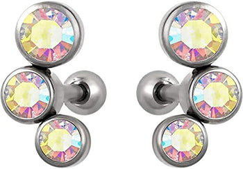 Forbidden Body Jewelry Set of Cartilage Stud Earrings: 16g 6mm Surgical Steel Triple Aurora Borealis CZ Crystal Earrings