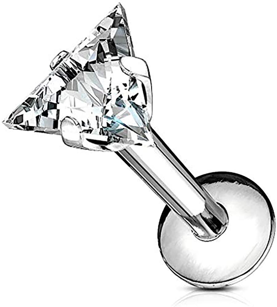 Forbidden Body Jewelry 16g Internally Threaded Surgical Steel Triangle CZ Labret Stud (Pick Color/Length)