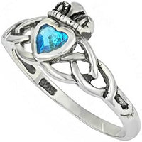 Kinzie Fashion .925 Sterling Silver Traditional Celtic Knot .25 cttw Aqua CZ Simulated Diamond Claddagh Ring