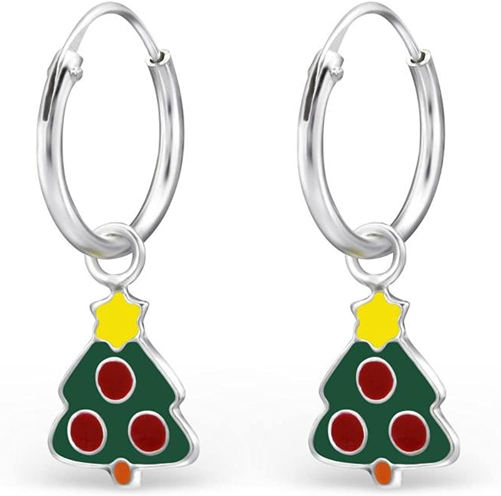 Hypoallergenic Sterling Silver Christmas Tree Charm Dangle Hoop Earrings for Kids (Nickel Free)