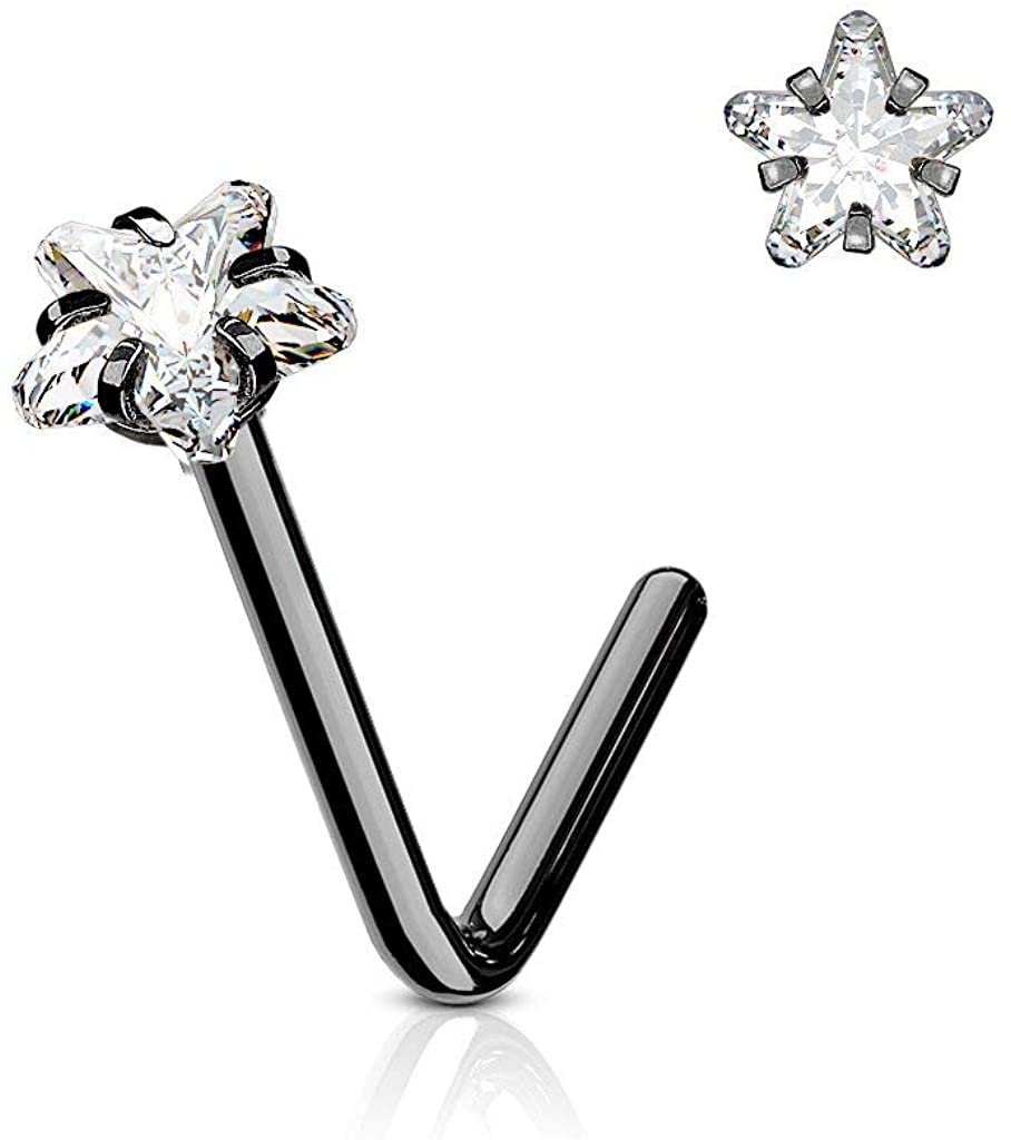 Forbidden Body Jewelry 18g/20g Surgical Steel 3mm CZ Star Top L-Shaped Nose Stud (Choose Gauge/Color)