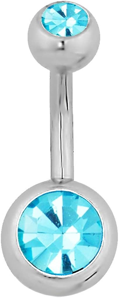 Forbidden Body Jewelry Short 8mm Surgical Steel CZ Crystal Aqua Blue Belly Button Ring