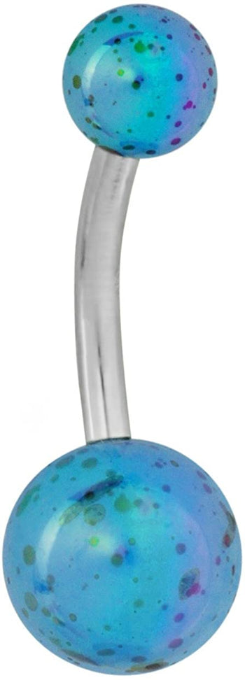 Forbidden Body Jewelry Surgical Steel Blue Acrylic Paint Splatter Pattern Double Ball Belly Button Ring