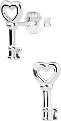 Hypoallergenic Sterling Silver Heart Key Stud Earrings for Kids (Nickel Free)