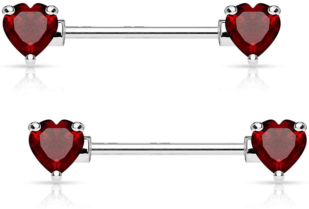 Forbidden Body Jewelry Pair of Surgical Steel 1/2-5/8 Inch (12-16mm) Cubic Zirconia Crystal Double Heart Nipple Barbells