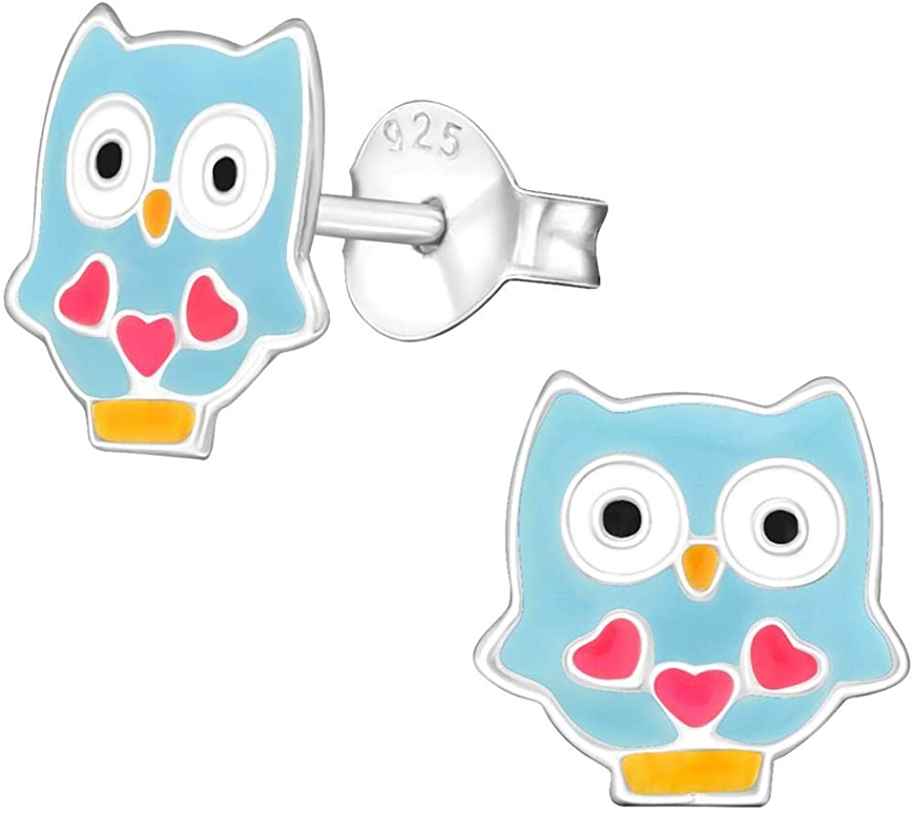 Hypoallergenic Sterling Silver Owl with Hearts Stud Earrings for Kids (Nickel Free)