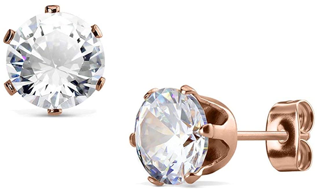 Rose Gold Plated Surgical Steel CZ Simulated Diamond Stud Earrings, 3mm-8mm