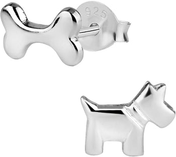 Hypoallergenic Sterling Silver Doggy Bone & Scotty Dog Mismatched Stud Earrings for Kids (Nickel Free)