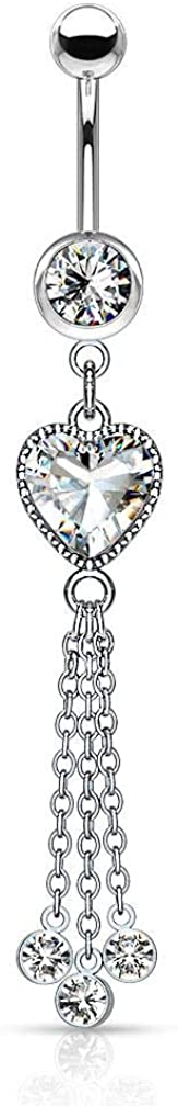 Forbidden Body Jewelry Surgical Steel Dangle Belly Button Ring Featuring CZ Heart and Chains