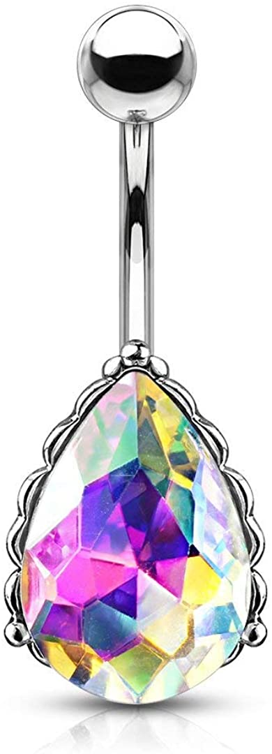 Forbidden Body Jewelry Surgical Steel Belly Ring with Iridescent AB Effect Tear Drop Crystal