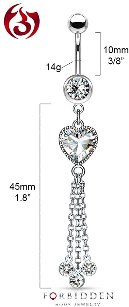 Forbidden Body Jewelry Surgical Steel Dangle Belly Button Ring Featuring CZ Heart and Chains