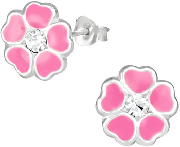 Hypoallergenic Sterling Silver Pink Jeweled Flower Stud Earrings for Kids (Nickel Free)