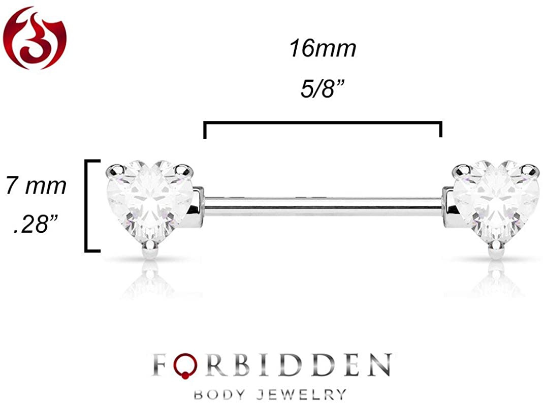 Forbidden Body Jewelry Pair of Surgical Steel 1/2-5/8 Inch (12-16mm) Cubic Zirconia Crystal Double Heart Nipple Barbells