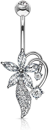 Forbidden Body Jewelry Surgical Steel Ultra Glam 5-CZ Marquise Flower Pave Vine Belly Button Ring