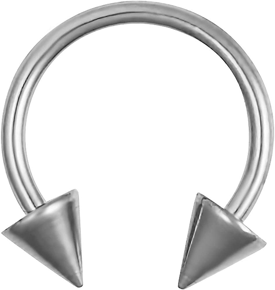 16g 10 mm (3/8") Solid Grade 23 Titanium Double Spike Horseshoe Body Piercing Ring, 4 mm Cones