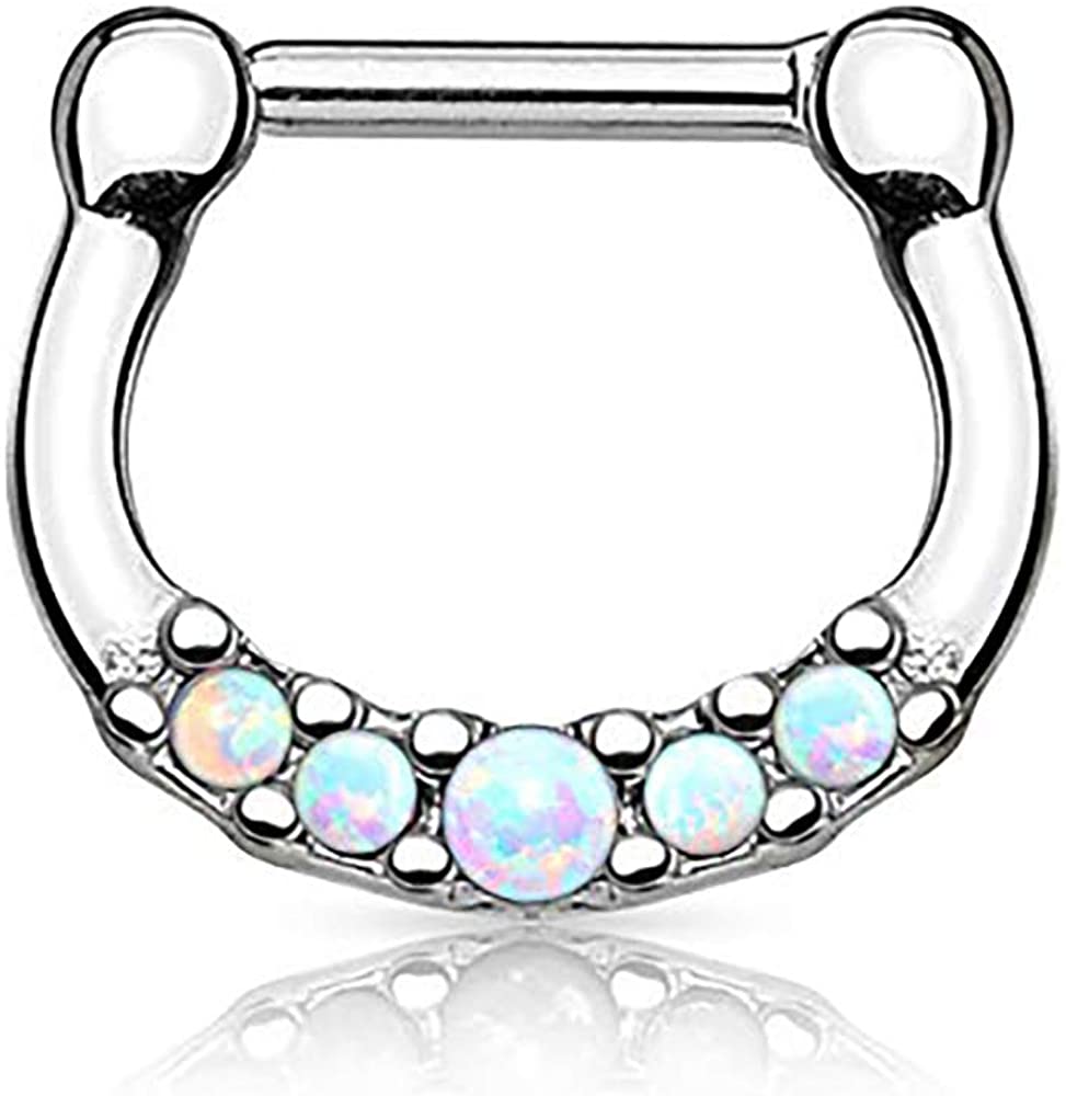 Forbidden Body Jewelry 16g Surgical Steel Bezel Set Opalite Septum Piercing Clicker Hoop Ring