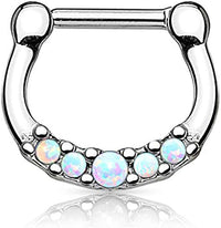 Forbidden Body Jewelry 16g Surgical Steel Bezel Set Opalite Septum Piercing Clicker Hoop Ring