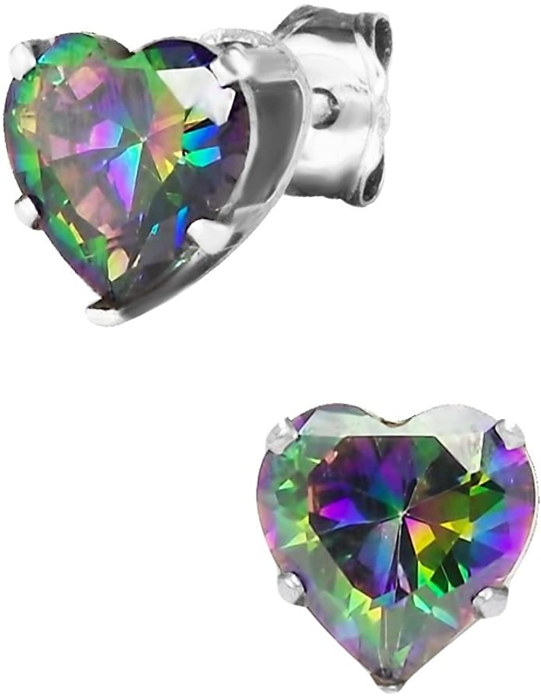 1.5 Carat .925 Sterling Silver Simulated Diamond Deep Set Rainbow Topaz CZ Heart Stud Earrings