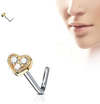 Forbidden Body Jewelry 20g Surgical Steel Tri-CZ Crystal Heart Top L-Shaped Nose Stud (Choose Color)