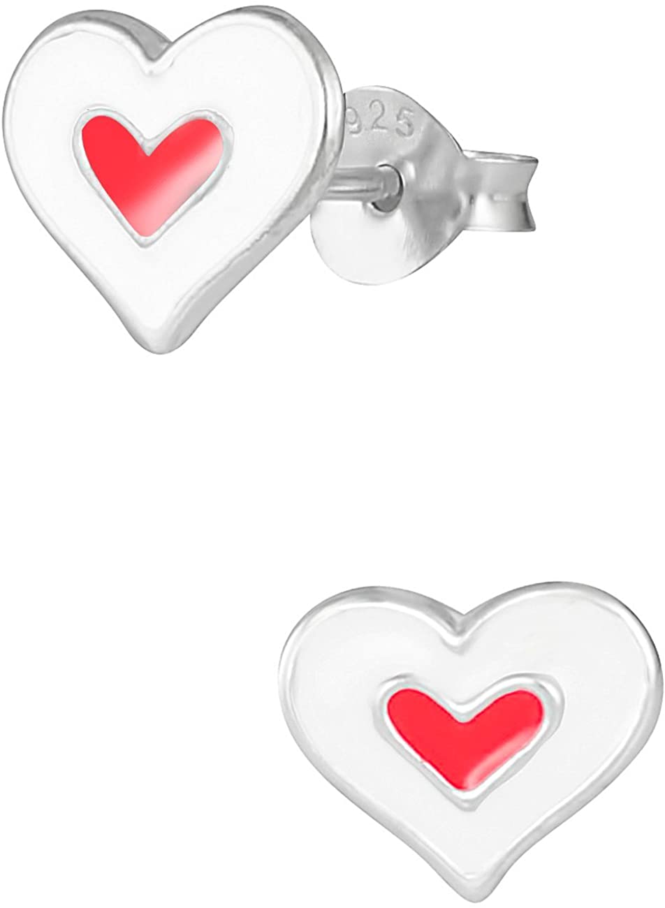 Hypoallergenic Sterling Silver Two Tone White & Red Heart Stud Earrings for Kids (Nickel Free)