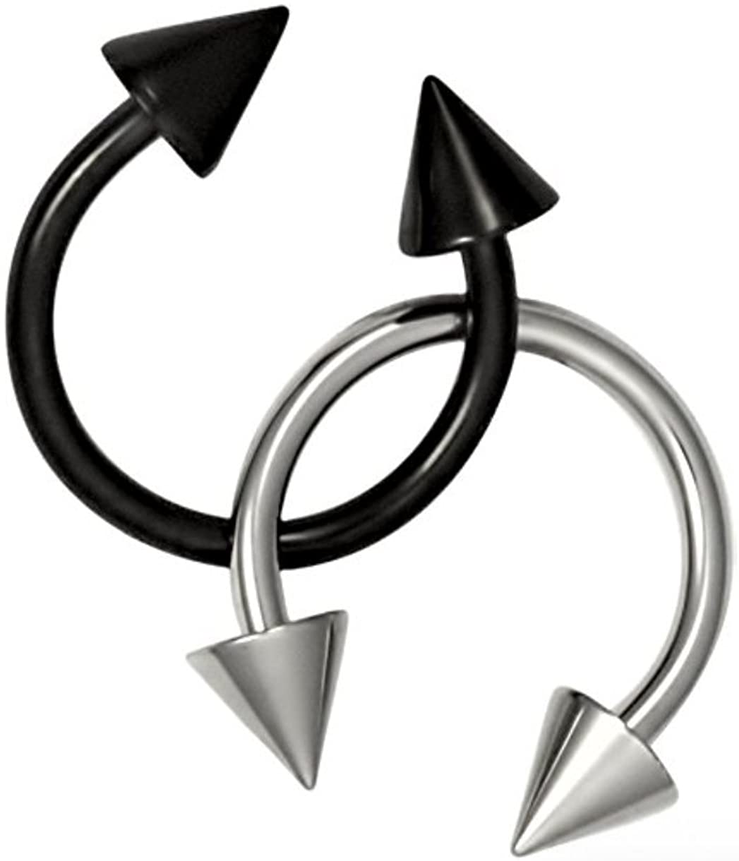 Forbidden Body Jewelry Set of 2 Rings: 16g 3/8" Black Titanium IP Plated and Surgical Steel Spiked Horseshoe Rings