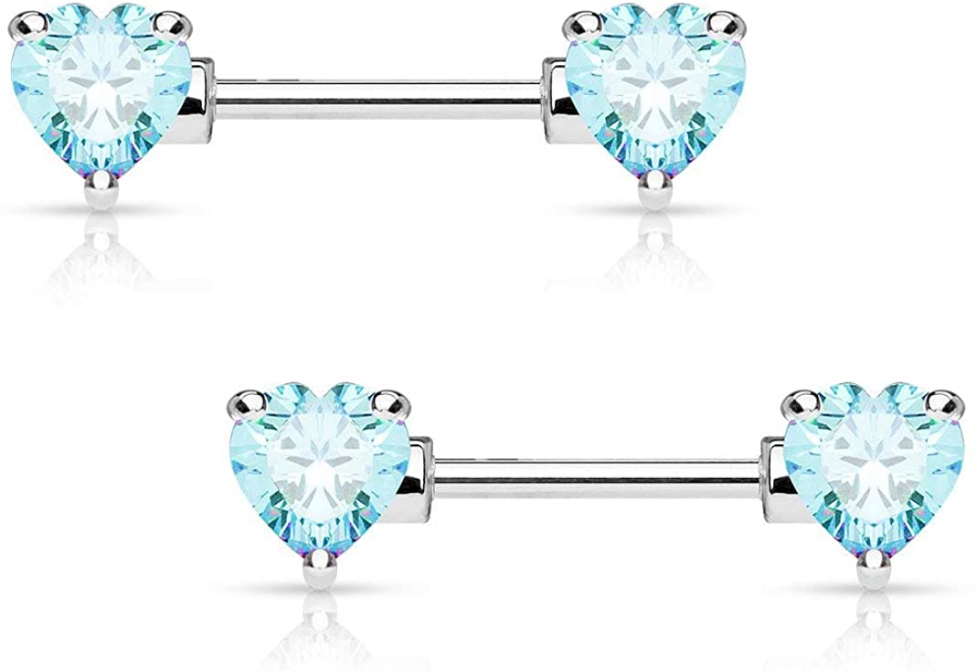 Forbidden Body Jewelry Pair of Surgical Steel 1/2-5/8 Inch (12-16mm) Cubic Zirconia Crystal Double Heart Nipple Barbells