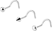 Forbidden Body Jewelry Set of 3 Nose Screws: 20g Surgical Steel Nose Rings with Ball, Button and Spike Tops