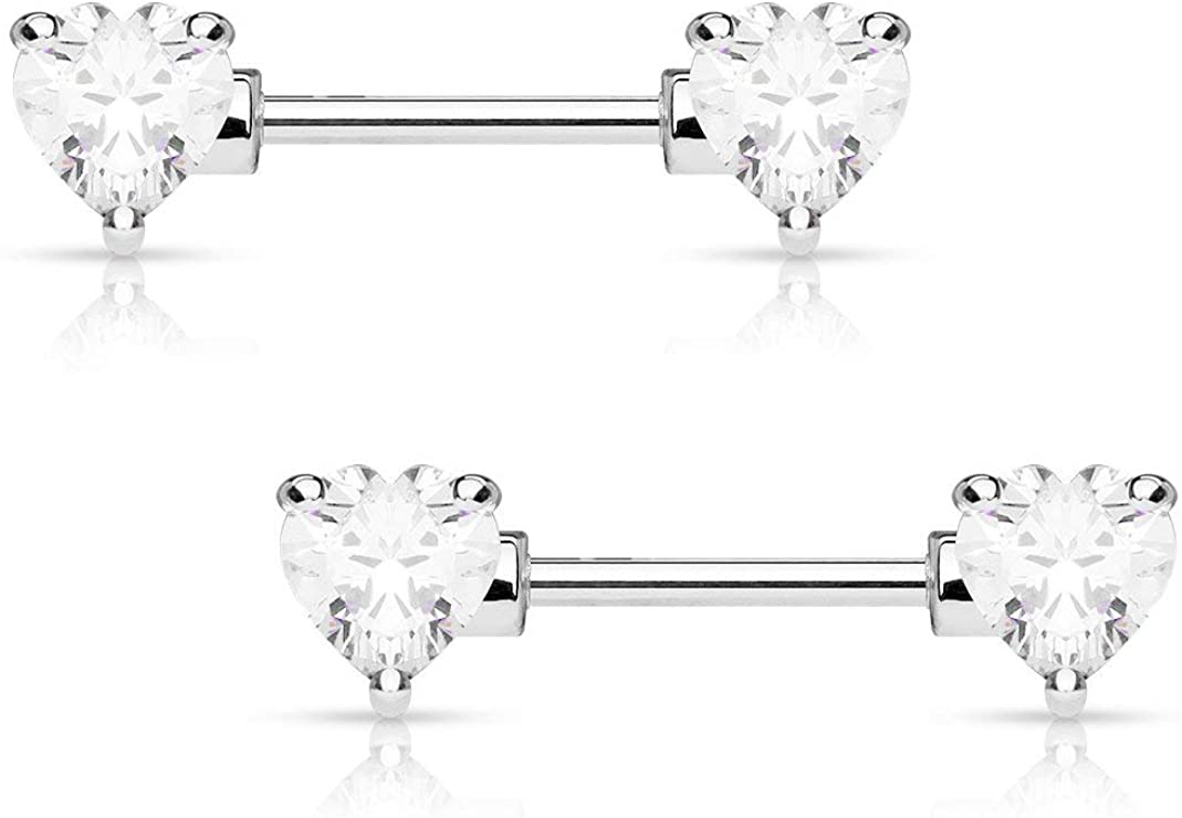 Forbidden Body Jewelry Pair of Surgical Steel 1/2-5/8 Inch (12-16mm) Cubic Zirconia Crystal Double Heart Nipple Barbells