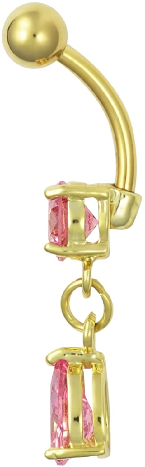 Forbidden Body Jewelry 14kt Gold Plated Surgical Steel Pink CZ Tear Drop Dangle Belly Button Ring