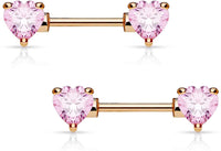 Forbidden Body Jewelry Pair of Surgical Steel 1/2-5/8 Inch (12-16mm) Cubic Zirconia Crystal Double Heart Nipple Barbells