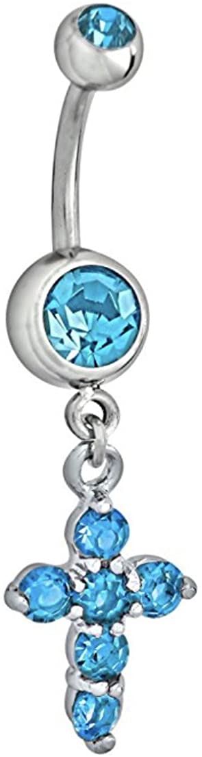 Forbidden Body Jewelry Surgical Steel Aqua CZ Crystal Jeweled Cross Dangle Belly Button Ring