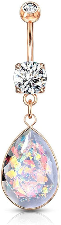 Forbidden Body Jewelry Surgical Steel CZ Dangle Belly Button Ring with Teardrop Rainbow Glitter Opalite