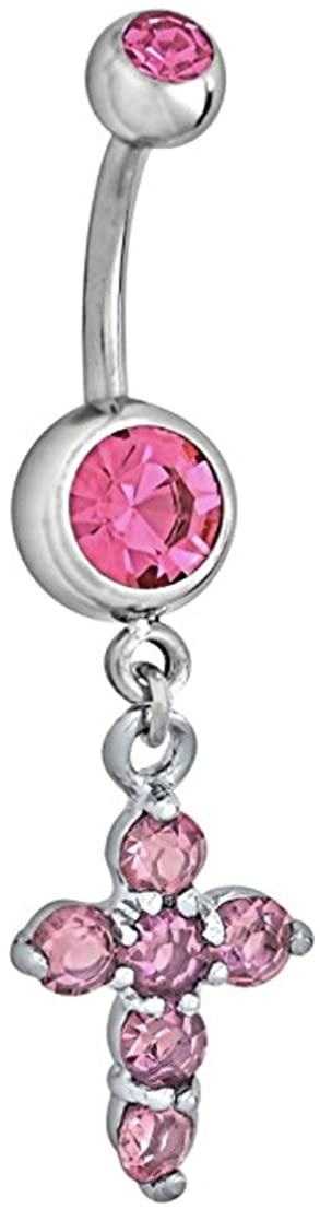 Forbidden Body Jewelry Surgical Steel Pink CZ Crystal Jeweled Cross Dangle Belly Button Ring