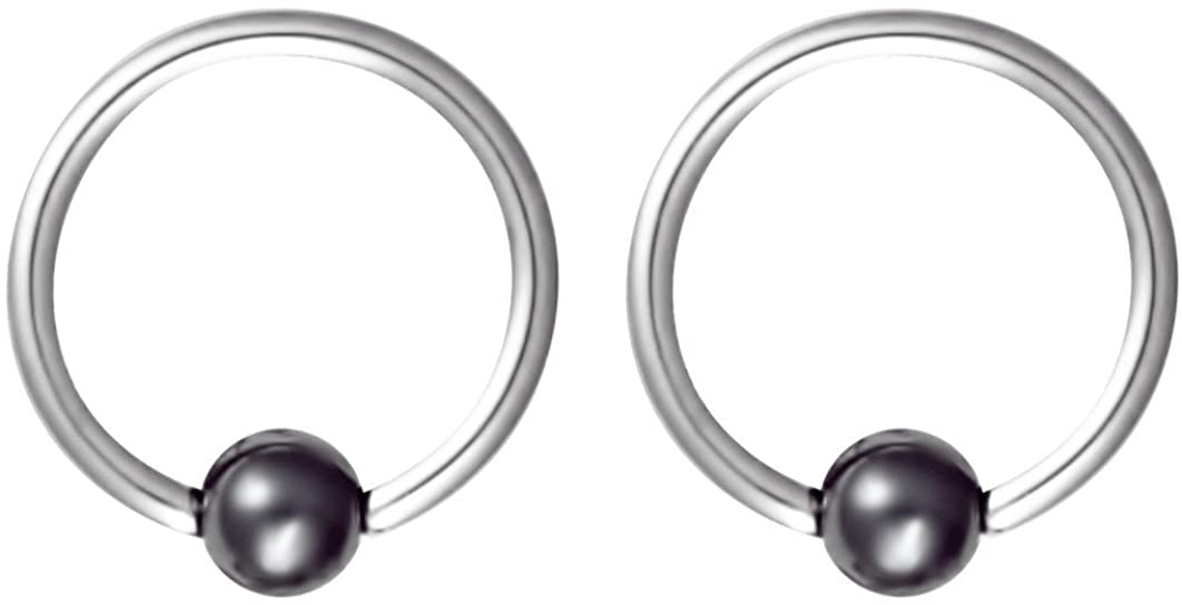 Forbidden Body Jewelry Pair of 2 Rings: 18g 5/16 Inch Surgical Steel Hematite Balls CBR Hoop Earrings