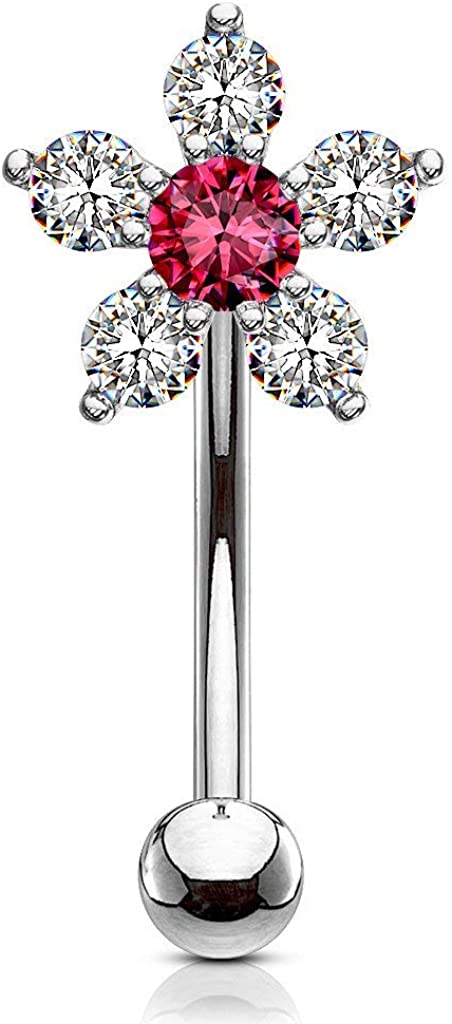 Forbidden Body Jewelry 16g 6mm Surgical Steel Curved Barbell for Daith, Eyebrow, Rook & Belly Button with CZ Floral Top