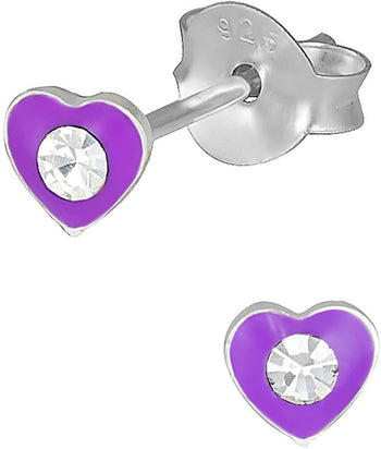 Hypoallergenic Sterling Silver Purple Jeweled Heart Stud Earrings for Kids (Nickel Free)