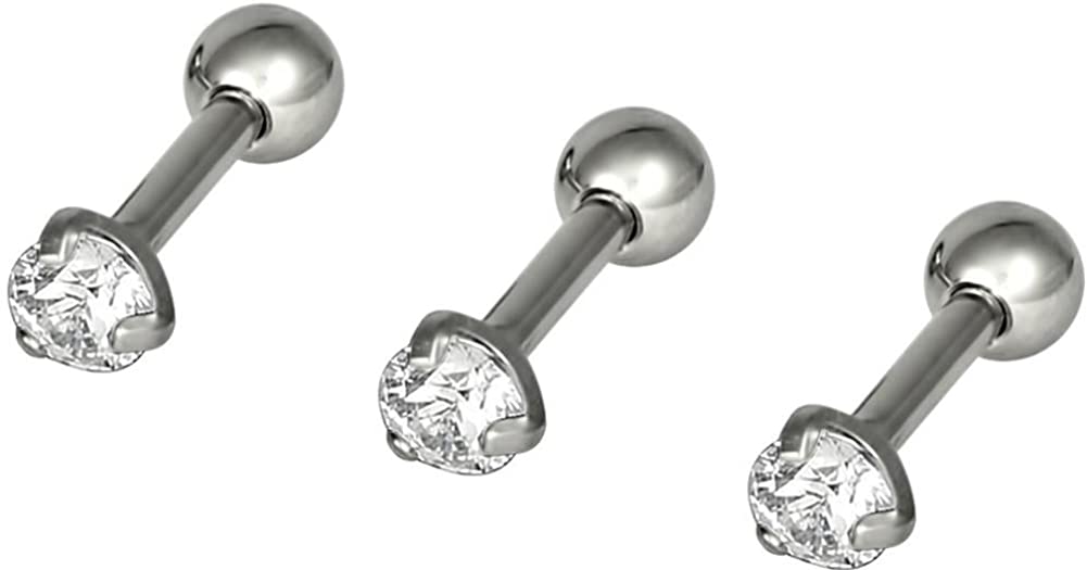 Forbidden Body Jewelry Set of 3 Cartilage Studs: 16g 6mm Surgical Steel Clear 3mm CZ Cartilage Stud Earrings