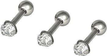 Forbidden Body Jewelry Set of 3 Cartilage Studs: 16g 6mm Surgical Steel Clear 3mm CZ Cartilage Stud Earrings