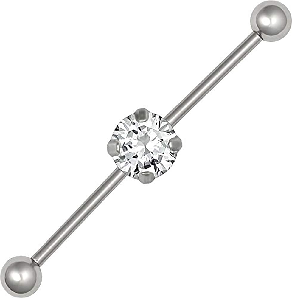 Forbidden Body Jewelry 14g Surgical Steel 38mm (1.5 Inch) Clear Solitaire CZ Crystal Industrial Barbell, 5mm Balls