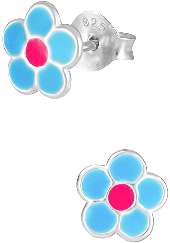 Hypoallergenic Sterling Silver Pink & Light Blue Daisy Flower Stud Earrings for Kids (Nickel Free)