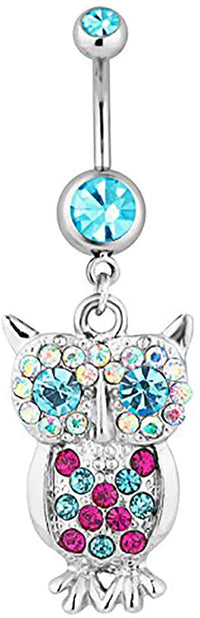 Surgical Steel Jeweled Aqua Pave Gem Owl Animal Dangle Belly Button Ring