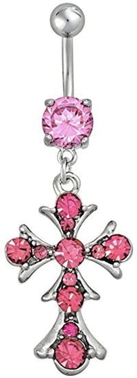 Surgical Steel Pink Jeweled Vintage Crystal Cross Dangle Belly Button Ring