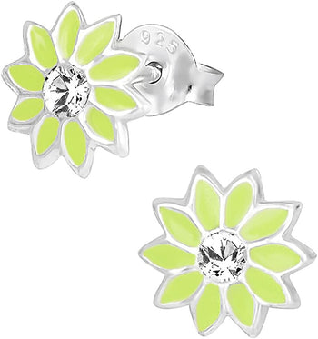 Hypoallergenic Sterling Silver Green Jeweled Sun Flower Stud Earrings for Kids (Nickel Free)