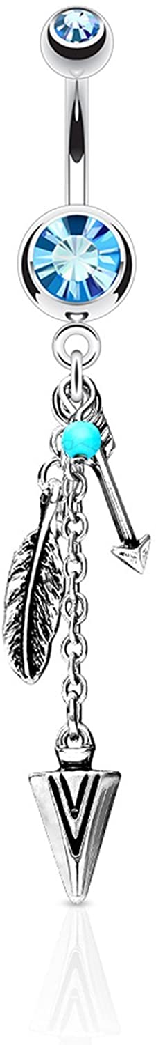 Forbidden Body Jewelry Surgical Steel Tribal Feather and Arrow Charms Synthetic Turquoise Dangle Belly Ring