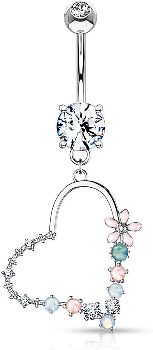 Forbidden Body Jewelry Surgical Steel Fancy Dangle Belly Button Ring with Flower, CZ and Opalite Detail